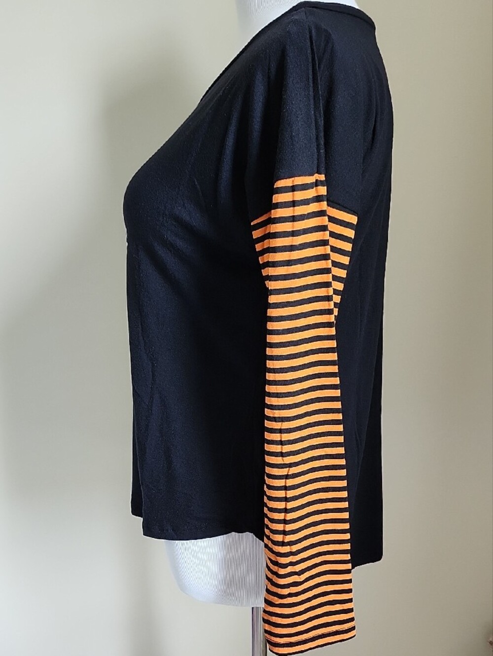 Poof! Black Long Sleeve Halloween Top with Orange Striped Sleeves - Medium - Picture 3 of 8